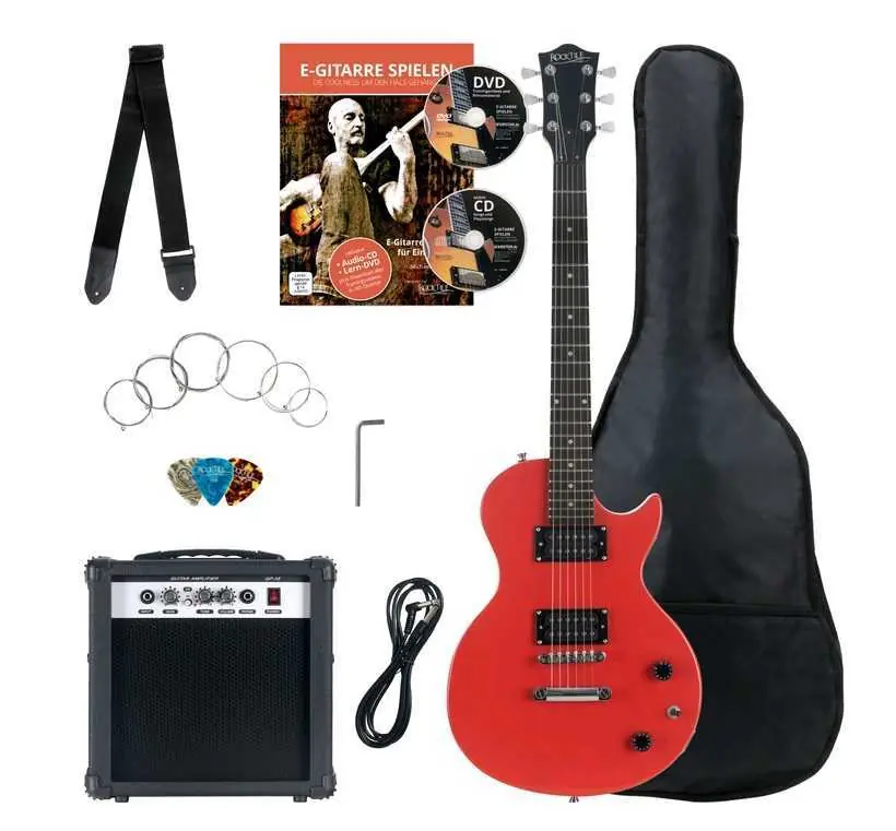 Jen Po Omezenou Doba Rocktile Bangers Pack Single Cut Electric Guitar Set, 7-Piece Red