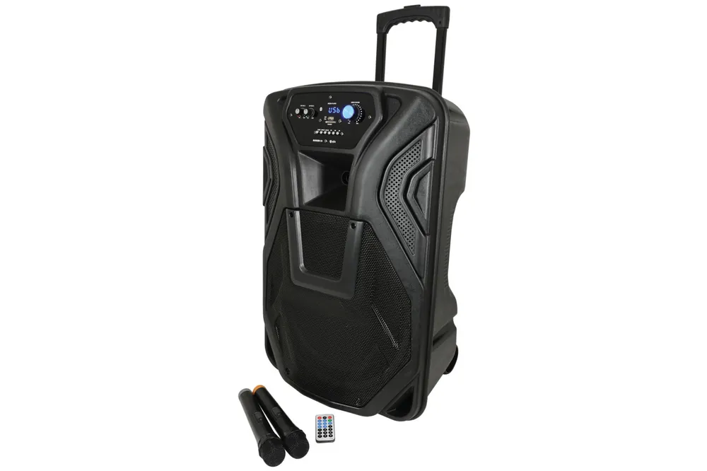 Akce QTX BUSKER-15, mobilní 15" zvukový systém USB/SD/FM/BT/2x VHF, 100W